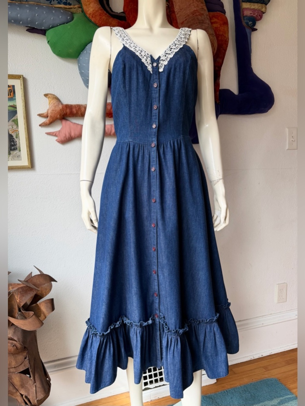 Vintage GUNNE SAX Dark Denim Sundress Dress Midi Size 13 Full Skirt Prairie Blue - Picture 2 of 8